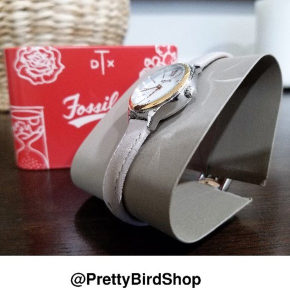 FOSSIL watch NWT rare mother of pearl gold bezel tan leather gray main image 7